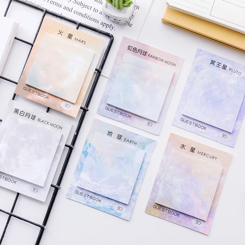 

6 pcs Planet painting sticky note set Decorative rainbow color moon earth memo Guestbook Stationery Office School supplies A6341