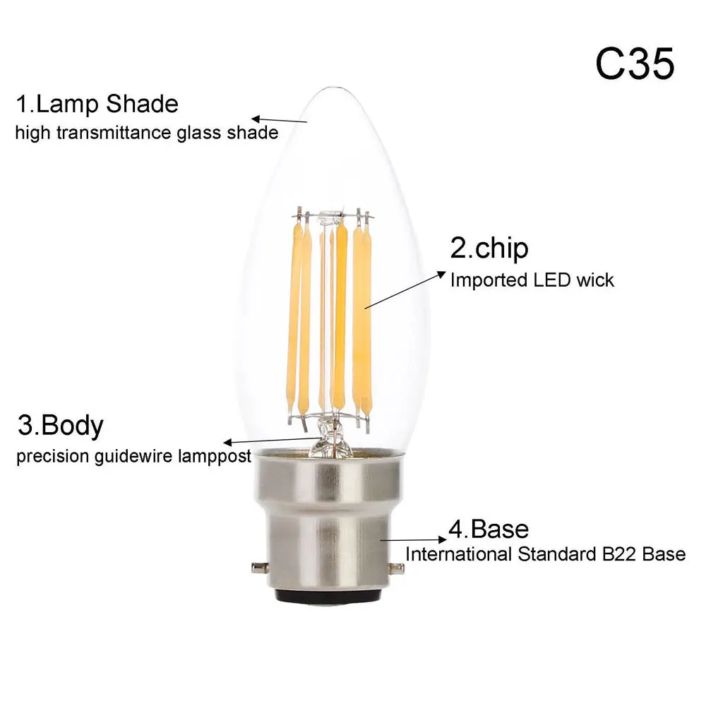 4W B22 Culot Dimmable Ampoule LED à Filament Vintage BC Edison Casquette  Baïonnette Antique C35 Bougie Ampoule Flamme 400LM éq[1246] - Cdiscount  Maison