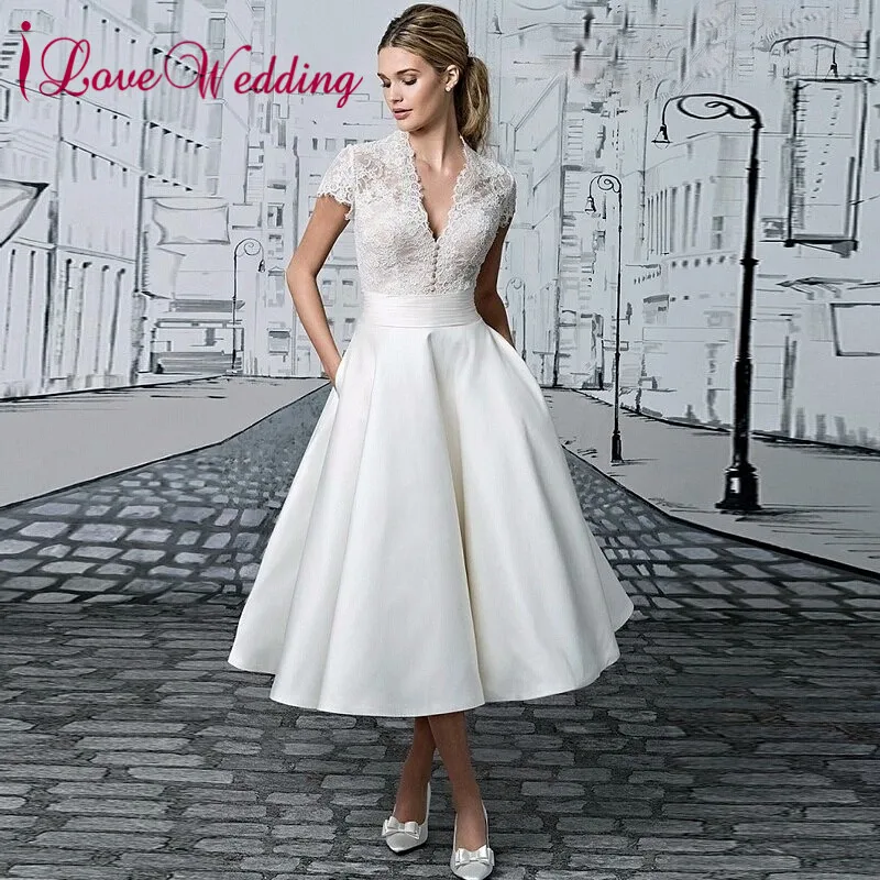 

2019 New Arrival Vestido De Novia V-neck Robe De Mariage Custom made Lace Tea Length Short Wedding Dresses Bridal Gown