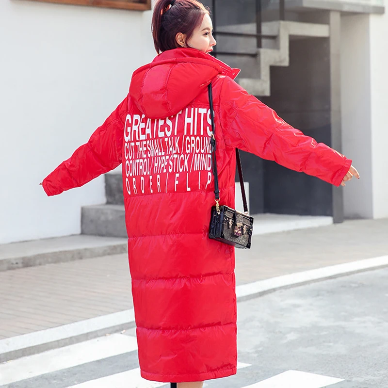 Winter long down jacket female thick warm coat women large size outwear fashion bright face loose hooded jacket woman down coats