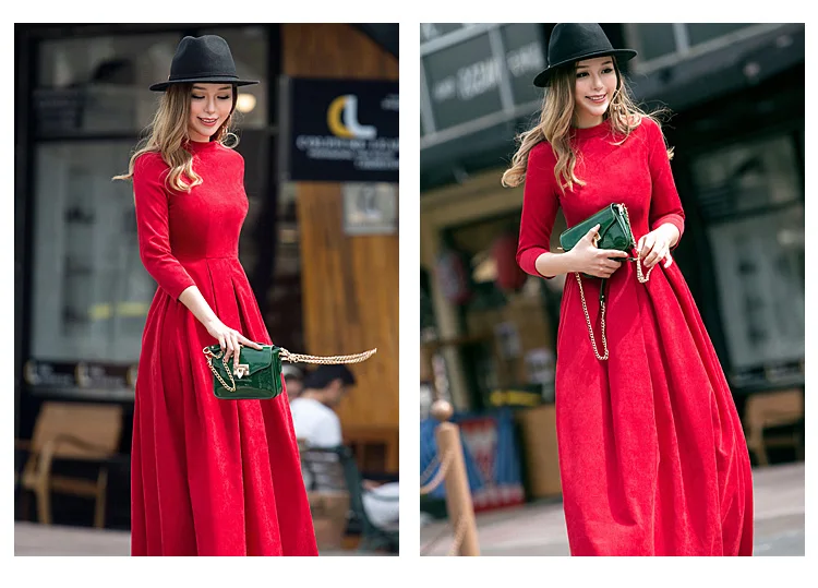 Новинка весна лето женское Красное зеленое тонкое одноцветное кордуро Макси платье женское в пол винтажное элегантное платье