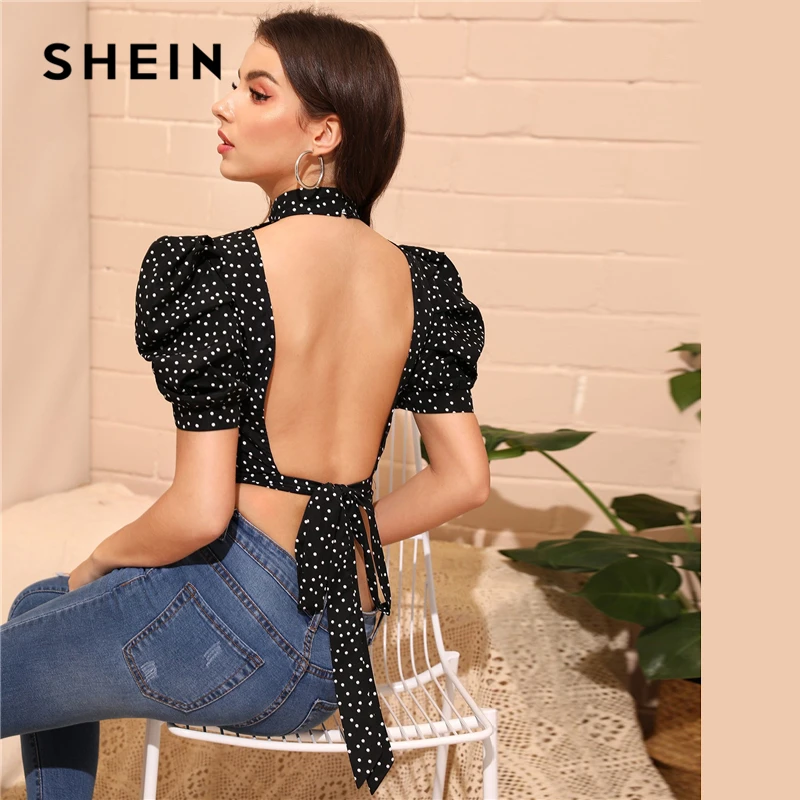 Baratos SHEIN Sexy negro Mock Neck Puff manga nudo espalda descubierta Polka Dot blusa superior mujer verano 2019 ajustada alta calle blusas