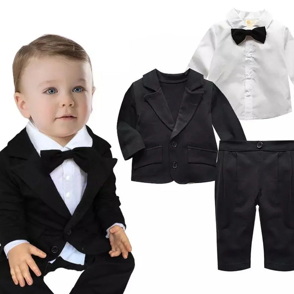 Для маленьких мальчиков Формальные Пиджаки Костюмы для свадеб малышей куртка + блузка штаны 3 шт./компл. костюм младенческой хлопок