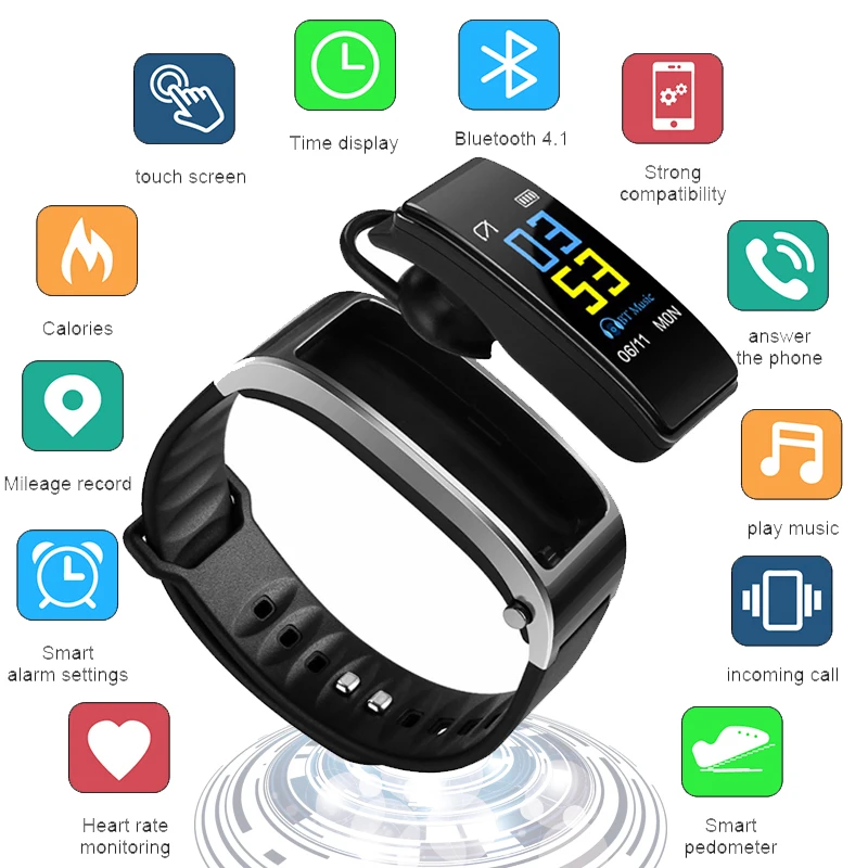 

Technology Smart Wristband Bluetooth Earphone Men Women Interactive Music Smartwatch Power reserve Long Standby for ios android