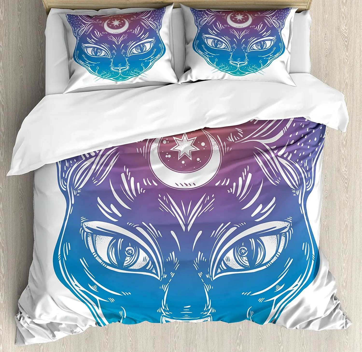 

Boho Duvet Cover Set Cat Head with Moon and Star Spiritual Egyptian Design Lunar Esoteric Figure Decorative 4 Piece Bedding Set