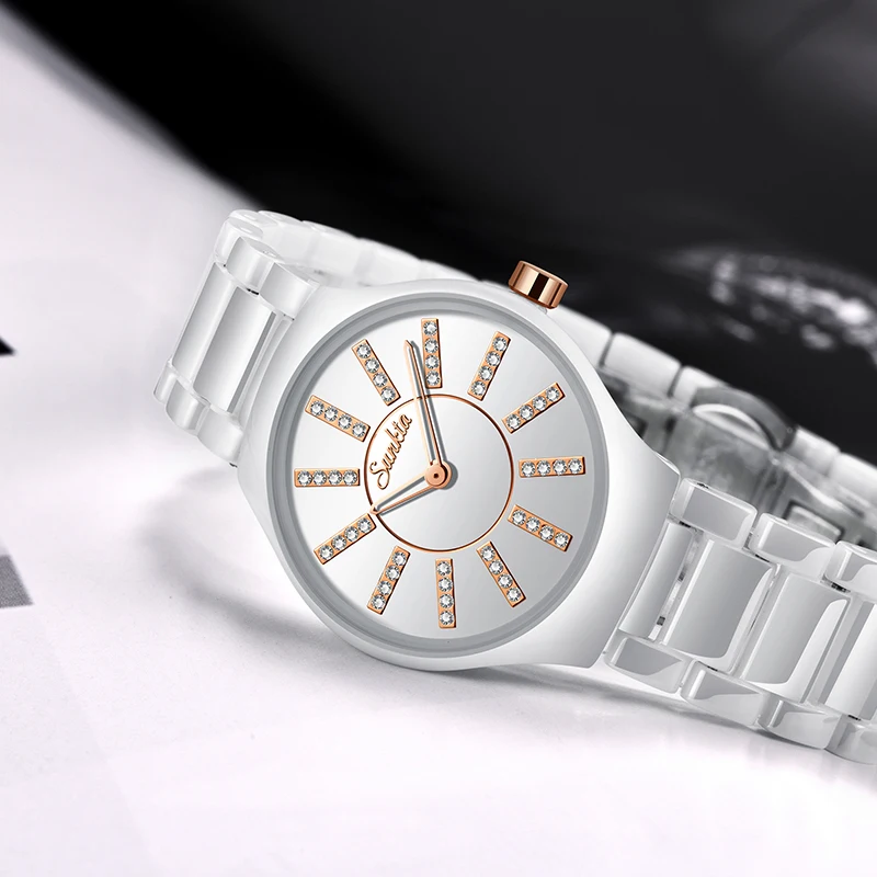 SUNKTA Relogio Feminino женские часы Лидирующий бренд Роскошные модные водонепроницаемые часы с бриллиантами Женские Простые керамические кварцевые часы+ коробка