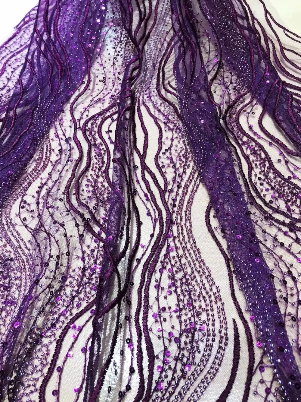 Beaded Nigerian cord Lace Fabric peach African Tulle Lace For Wedding