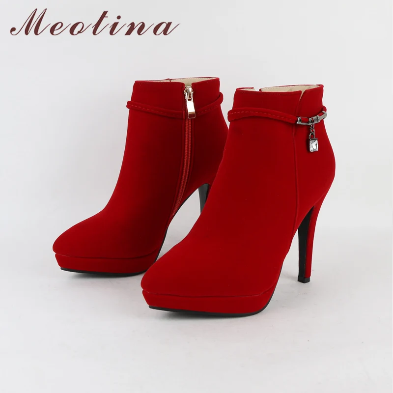 Meotina/женские зимние ботинки; ботильоны на высоком каблуке; обувь на платформе с молнией; пикантные женские бархатные ботинки с острым носком; коллекция года; цвет красный, черный; размеры 34-43