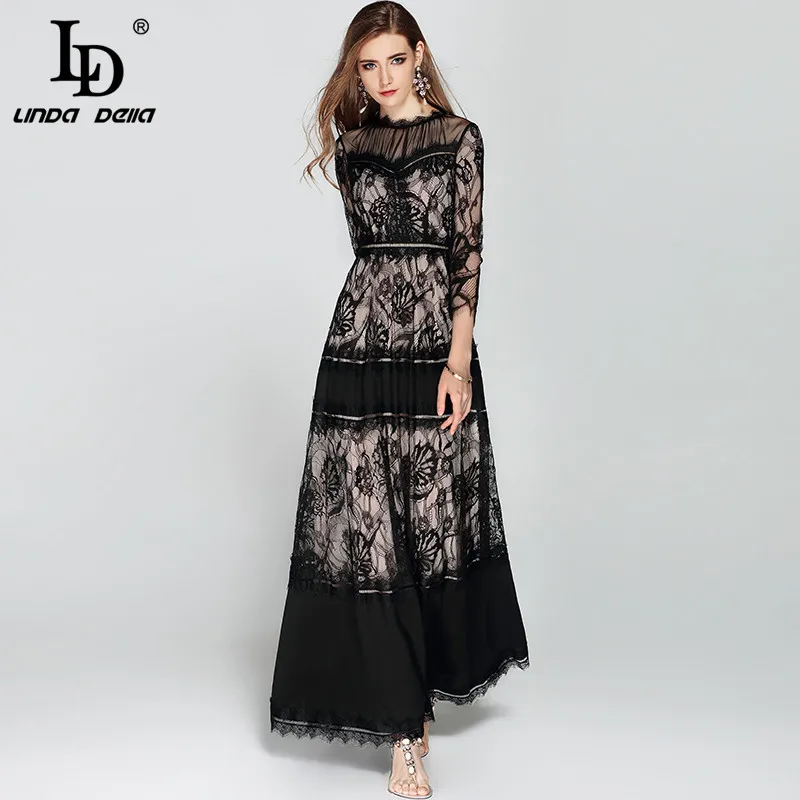 LD LINDA DELLA 2018 Fashion Designer Long Dress Women's 3/4 Sleeve Mesh Lace Patchwork Vintage Black Maxi Dress Party Dresses LD LINDA DELLA 2018 Fashion Designer Long Dress Women's 3/4 Sleeve Mesh Lace Patchwork Vintage Black Maxi Dress Party Dresses