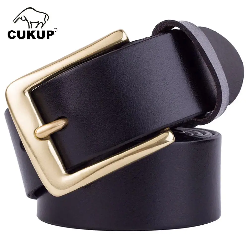 

CUKUP Quality Real 100% Pure Genuine Leather Belts Solid Classic Brass Pin Buckle Metal Belt for Men Jeans Accessories NCK119