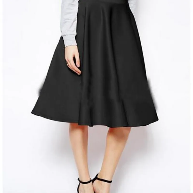 Модная женская юбка с высокой талией, Универсальные женские повседневные однотонные Свободные Юбки До Колена - Цвет: Черный