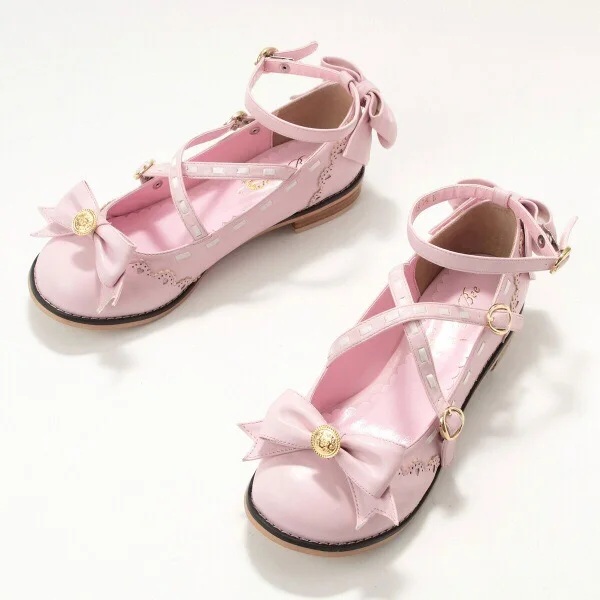 Горничная Лолита милые круглый носок бант Принцесса низкий каблук кукольные туфли японские комбинезон униформа Ретро туфли женские туфли на плоской платформе - Цвет: Розовый