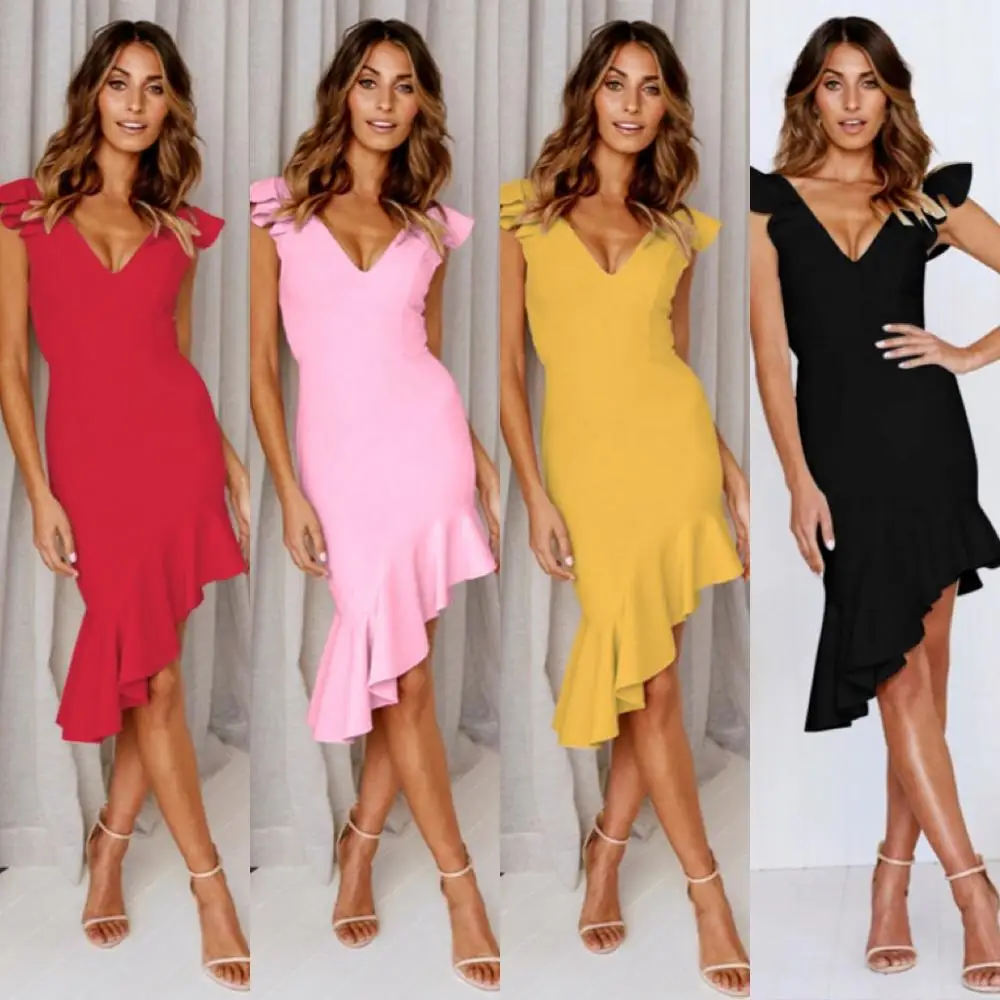 

2019 Spring Summer Women Sexy Elegant Dress Short Sundress Party V-neck Ruffles Sleeveless Backless Solid Color Slim Dresses