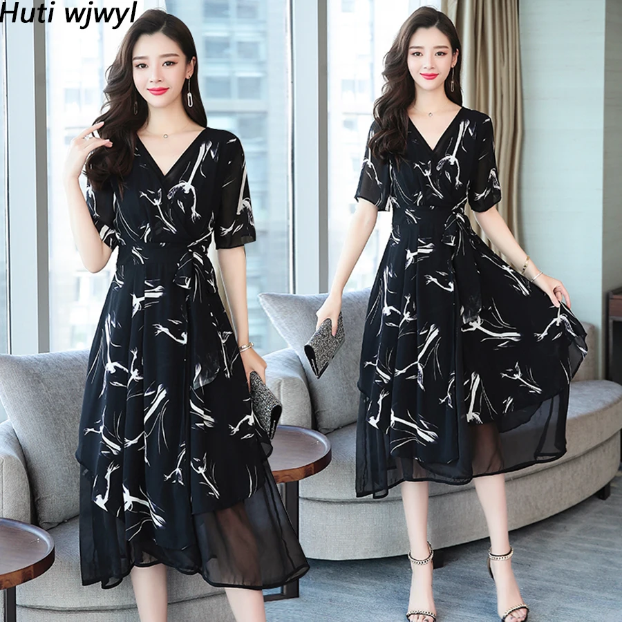 2019 Korean Vintage Boho Dresses Summer Plus Size Print Chiffon ...