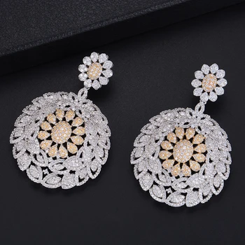 

60mm Flower Round Shape Hollow Pendant Three Colors Full Cubic Zirconia Dangle Earings Women Wedding Bridal Jewelry