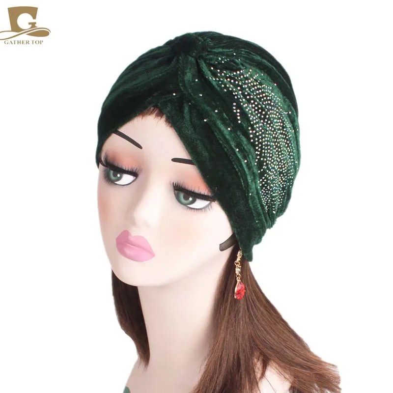 Модный женский роскошный бархатный тюрбан со стразами и рюшами, тюрбан для волос, шапка-тюрбан, Женский хиджаб, головной убор