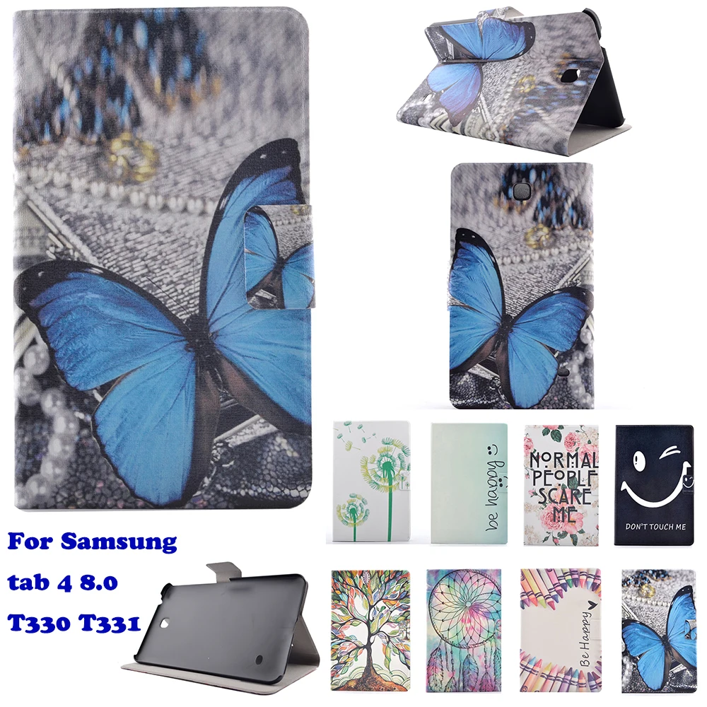 

Fashion Cartoon Pattern Case Cover For Samsung tab 4 8.0 T330 T331 Cute Stand Protective Case Tablet PC Funda coque Butterfly