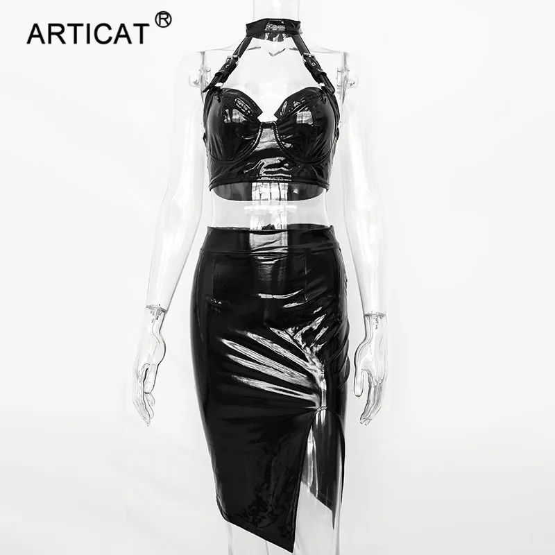 Articat 2 предмета Холтер сексуальное платье из искусственной кожи для женщин