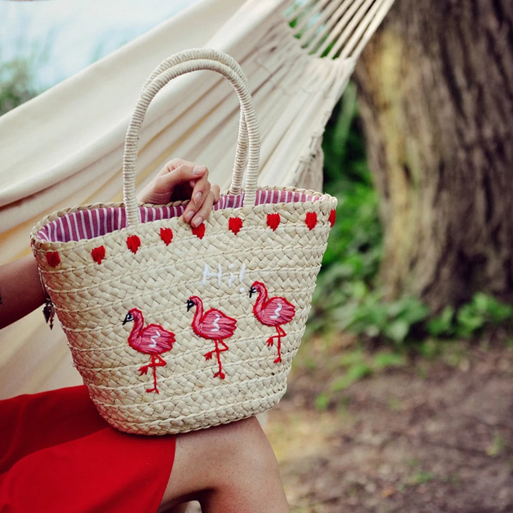 Летний бренд вышитый Плетеный соломенный мешок праздничный пляжный Слинг Сумка-тоут сумка с рисунком фламинго для женщин