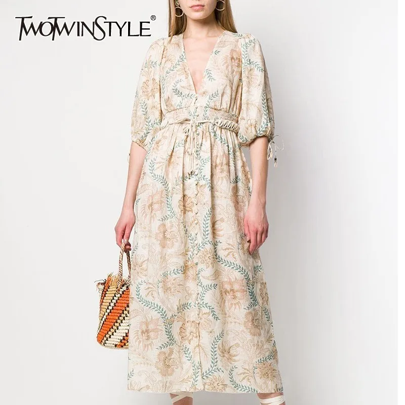 

TWOTWINSTYLE Casual Print Dress For Women V Neck Puff Sleeve High Waist Lace Up Large Size Dresses Female Fashion 2019 New