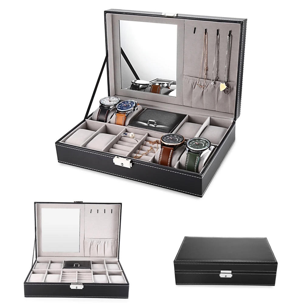 2 In 1 8 Watch Box Grids+3 Mixed Grids PU Leather Watch Case Storage Organizer Box Luxury Jewelry Ring Display Watch Boxes Black (11)