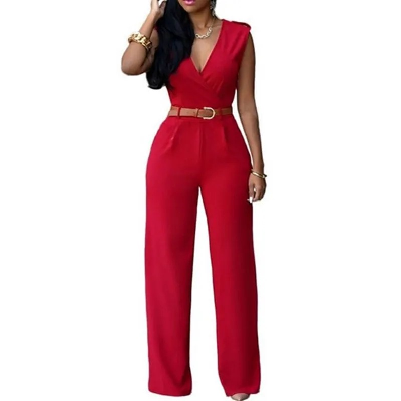 Wuhaobo V образным вырезом Элегантный Рабочий комбинезон боди Feminino уличная летняя одежда Комбинезоны женские большие размеры широкие брюки с поясом - Цвет: Red