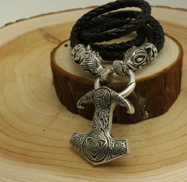 lanseis 1pcs viking Thor's hammer wolf pendant Nordic Pagan men