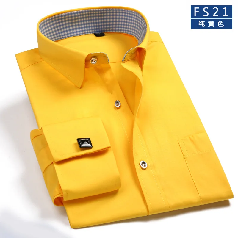 Мужские французские рубашки запонки новые мужские рубашки формальные мужские рубашки с длинным рукавом приталенные качественные брендовые французские рубашки с манжетами 4XL - Цвет: FS21 Pure yellow