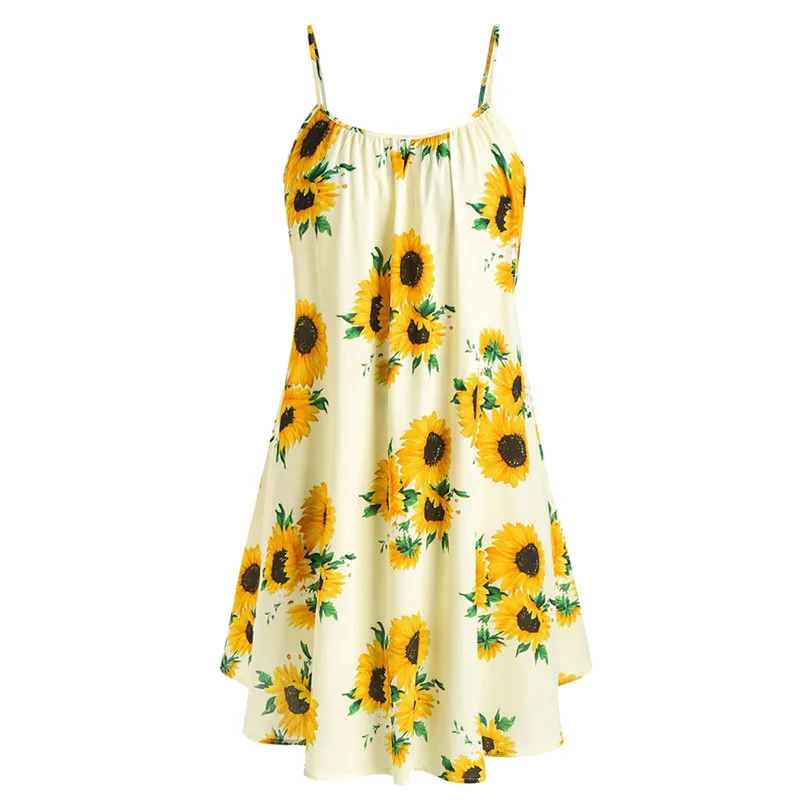 New Women Summer Sexy Short Sleeve Bow Knot Bandage Top Sunflower Print Mini Dress Suits Bohemian Casual Beach Dress #4A30 (23)