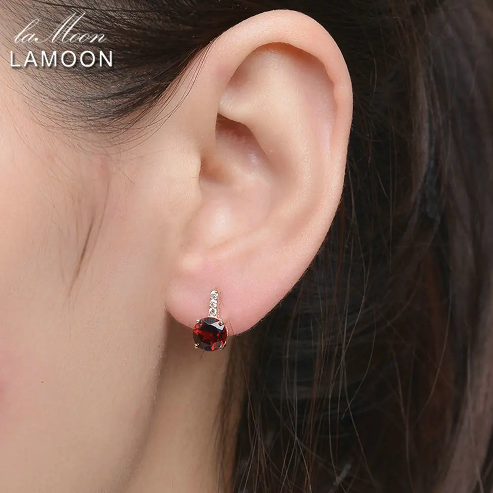 LAMOON Trendy 2ct Natural Red Garnet 925 Sterling Silver Stud Earrings Fine Jewelry For Women S925 LMEI031