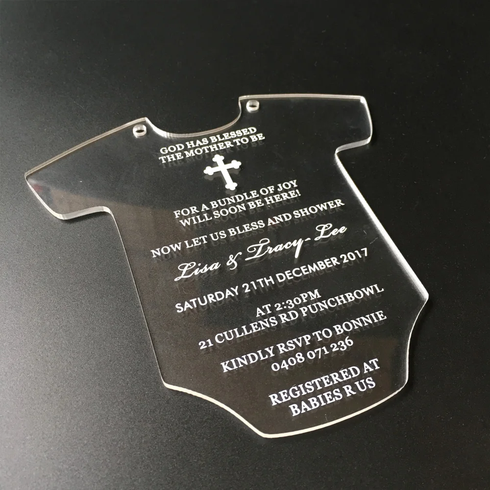  Baby Dress Shape Printing letters 145x145mm Frosted/Clear Acrylic Christening Invitation Card 100pc - 32829580741