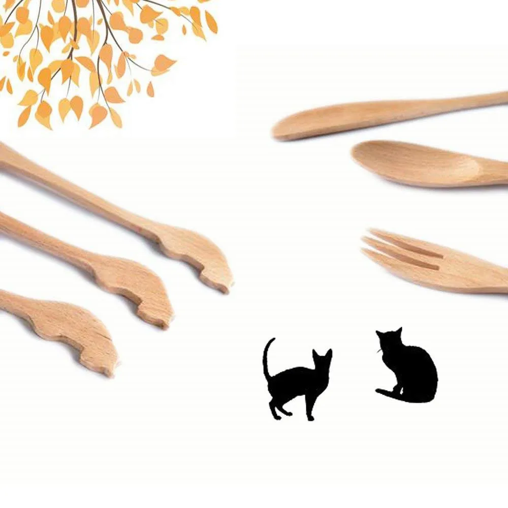 Cute cat Fork Knife Spoon Set Eco Friendly Cutlery Wooden Reusable Utensils Tableware for cat Lover3