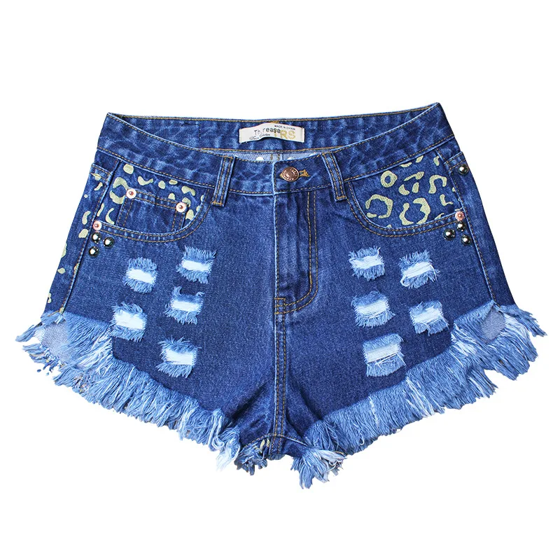 2018 women clothing high waist Rivet print hole washed denim shorts ...