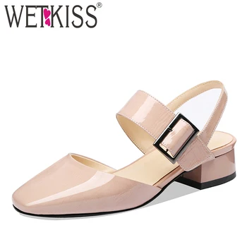 

WETKISS Thick Low Heels Sandals Women 2019 New Patent Leather Sandals Woman Summer Buckle Shoes Female Casual Square Toe Shoes