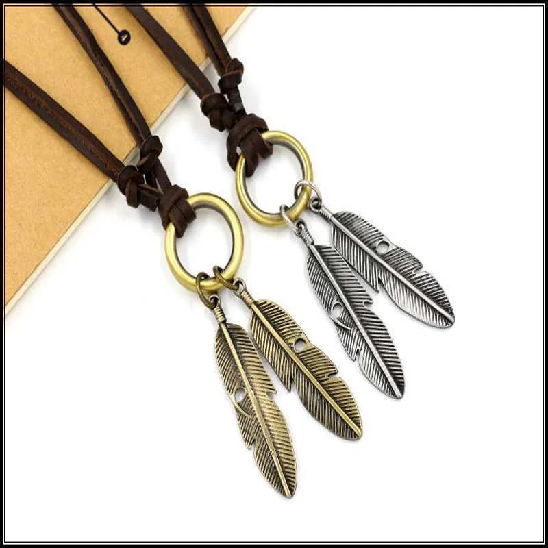 

Vintage jewelry necklaces pendants Alloy feather pendant collares mujer choker necklace Long Necklace Real Leather Rope Chain