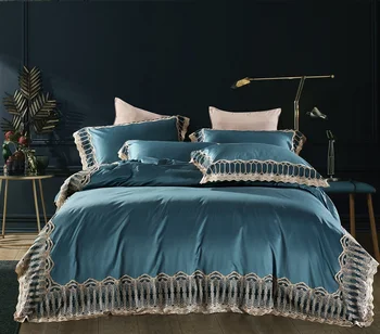 

Luxury European Style Blue Pink 100S Egyptian Cotton Romantic Lace Palace Bedding Set Duvet Cover Bed sheet Bed Linen pillowcase
