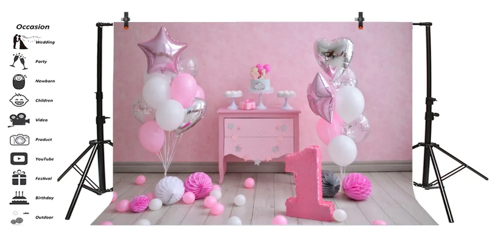 Laeacco Baby 1st Birthday Colorful Balloons Flowers Desk Cake Photo Background Customized Photographic Backdrop For Photo Studio
