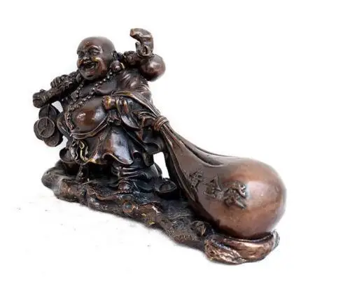 

Chinese Pure Bronze Buddhism YuanBao Happy Maitreya Buddha Statue Coin Bag