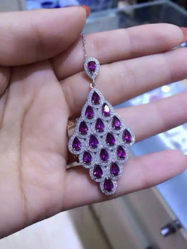  Naturel rouge grenat pendentif pierre précieuse naturelle élégant paon queue plume pendentif collie