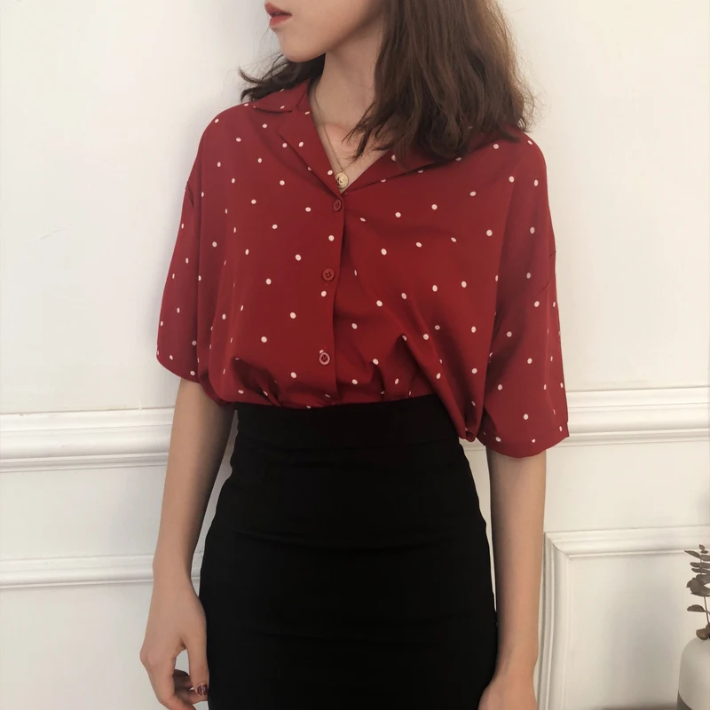 

Summer Women Shirt Polka Dot Turn-down Collar Chic Vintage Shirt Loose Chemises Slimming Fit Polo-neck Camiciasimple Wid Camisas