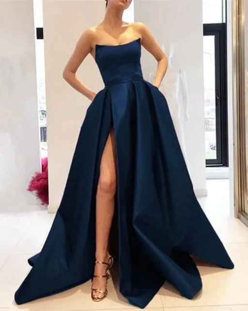 A Line Strapless High Slit Satin 