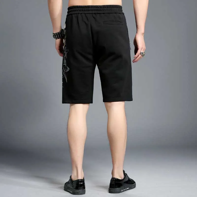 Summer New Fashion Embroidery Bee Skull Head Printed Casual Shorts Cotton Men Boardshorts Loose Baggy Beach Shorts Male Clothes