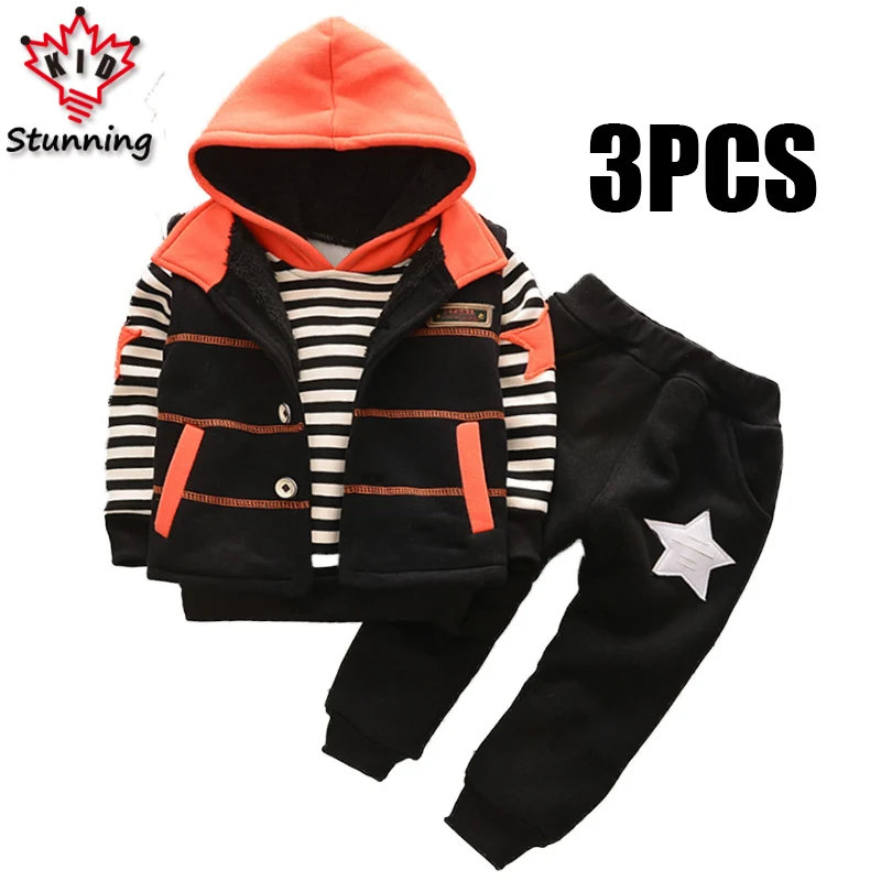 

18M-5T Hooded Tops+Vest+Pants 3Pcs Boys Clothing Sets 2017 Winter Keep Warm Thicken Boys Clothes Suit Kids Clothes for Boys