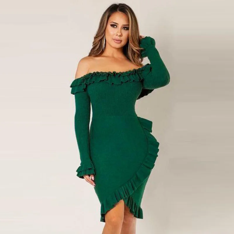 

Green Sexy Dress Women Slash Neck Off Shoulder Bodycon Short Party Dresses Elegant Long Sleeve Winter Women Ruffle Mini Dress