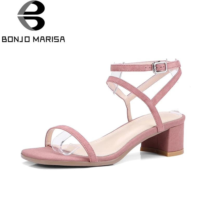 

BONJOMARISA 2018 Fashion Large Size 33-40 Kid Suede Genuine Leather Summer Woman Sandals Woman Square High Heels Shoes