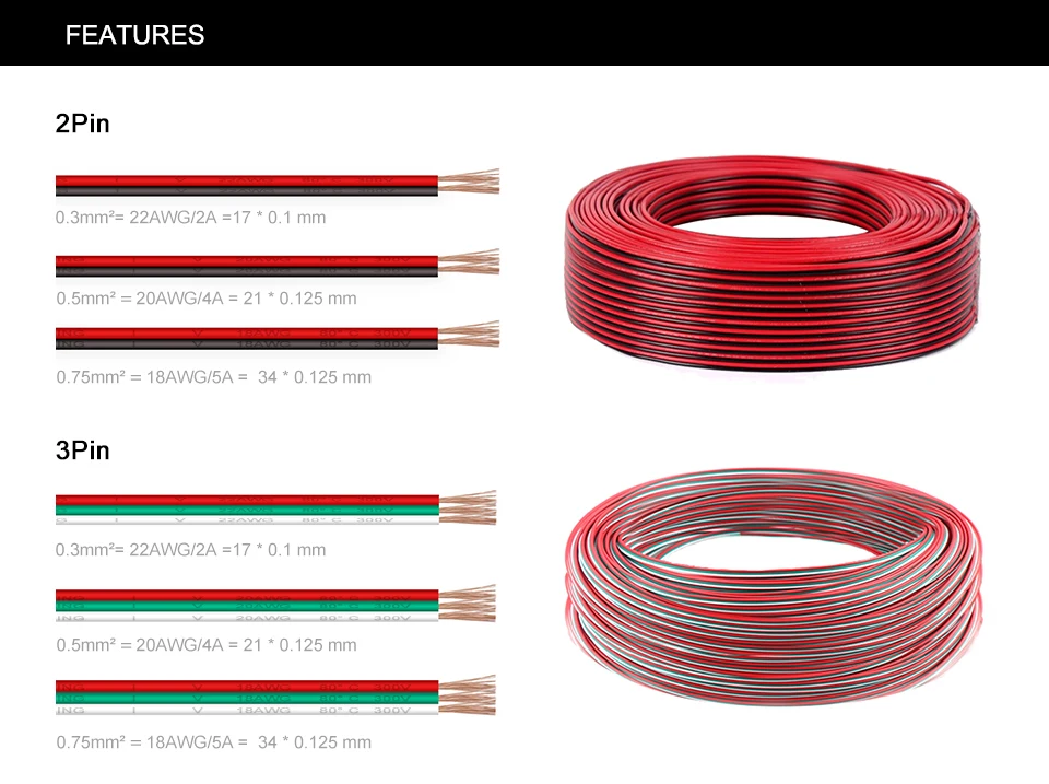 10 м/20 м 2PIN/3PIN/4PIN/5PIN 22AWG/20AWG/18AWG светодиодный кабель-удлинитель провода для светодиодный освещения