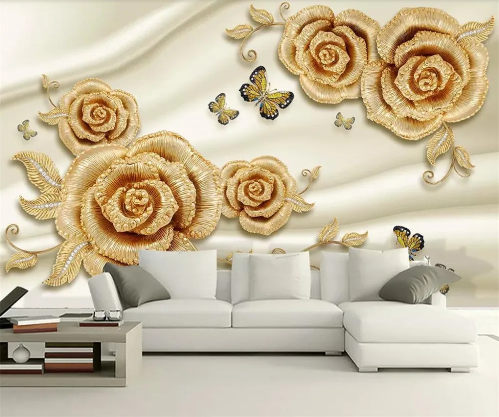 

beibehang Custom wallpaper 3d papel de parede photo mural luxury 3d gold rose diamond butterfly jewelry TV background wall paper