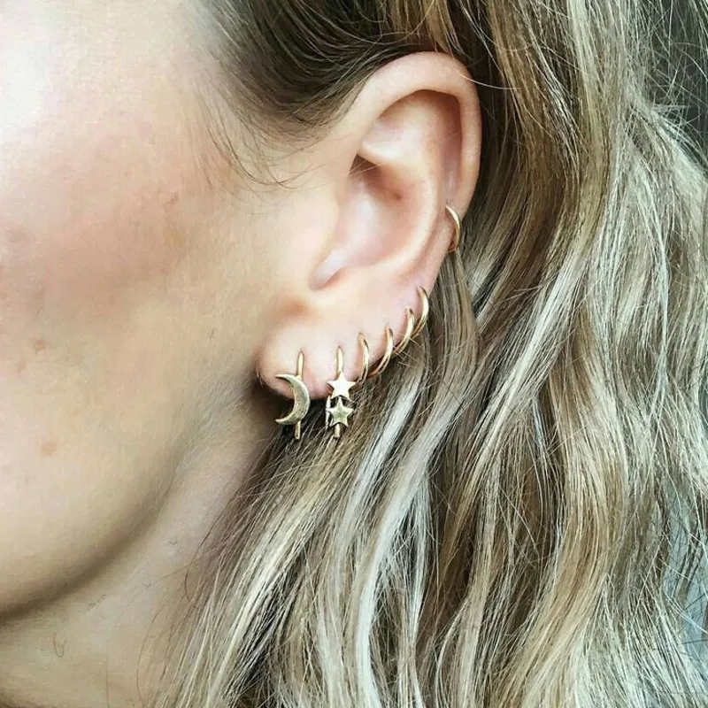 

7 pcs/set Vintage Gold Color Little Circle Round Star Moon Piercing Hoop Earrings set for Women Retro Simple Ear Cuff Earring