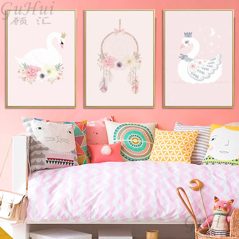 

Nordic Modern Pink Cartoon Flowers Swan Princess Animal Canvas Painting Wreath Poster Kids Baby Nursery Girls Room Decoration