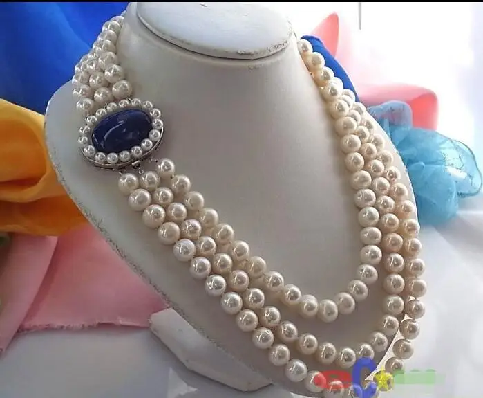 

FREE SHIPPING HOT sell new Style >>>>3ROW 11MM WHITE ROUND FRESHWATER CULTURED PEARL NECKLACE LAPIS